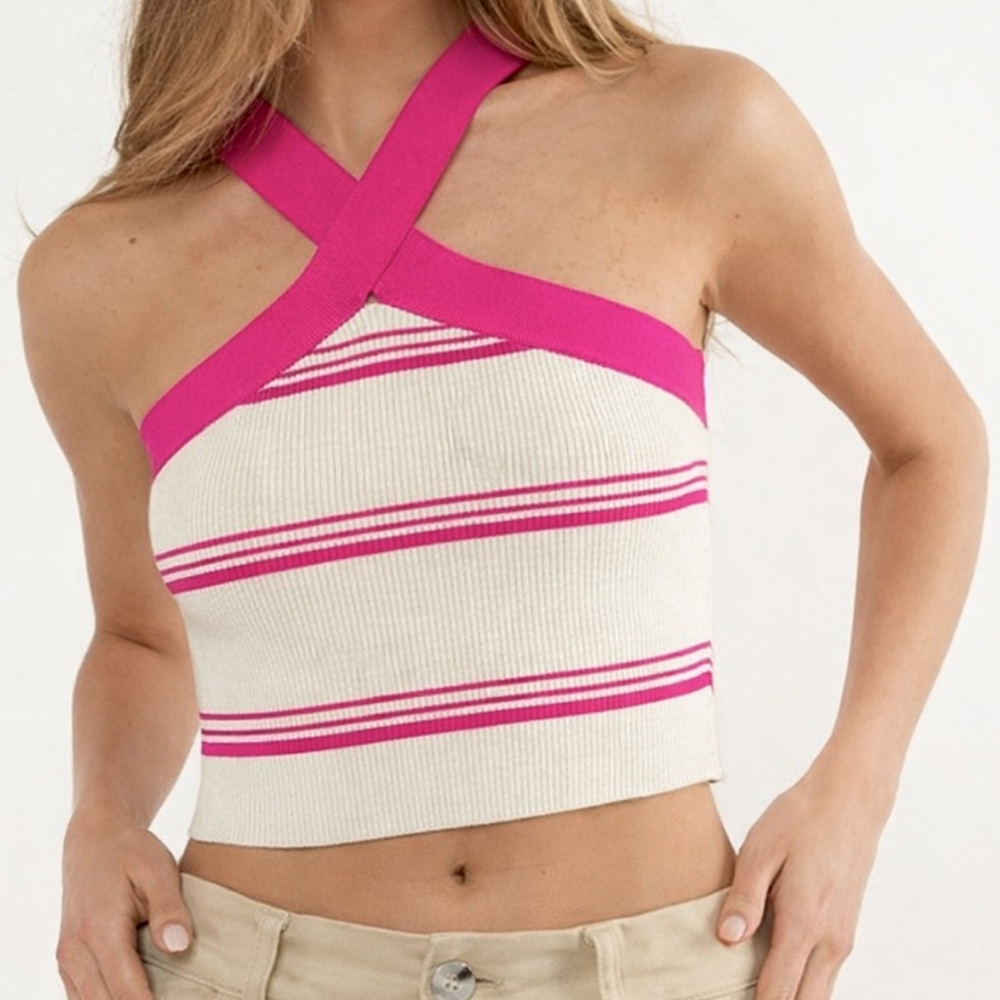 NEW Crossover Cropped Halter‎ Tank Top Ribbed Striped Vacation Resort Wear Small